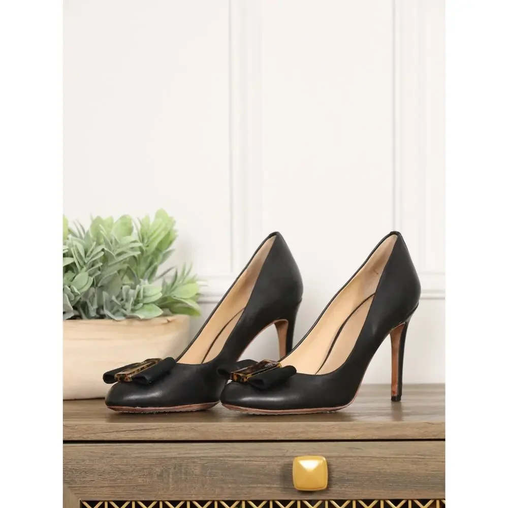 Tory Burch Black Leather Pumps Tortoise Logo Bow Heels Size 8 Classic Preppy
